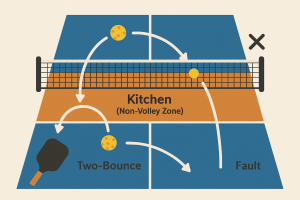 Peraturan asas pickleball dan istilah penting seperti kitchen dan faults